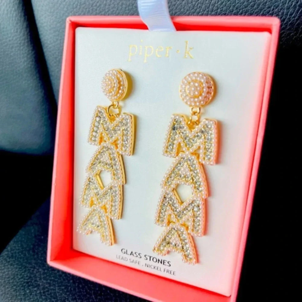 Piper K MAMA Rhinestone & Faux Pearl Dangle Earrings Gold Tone Gift Box NWT